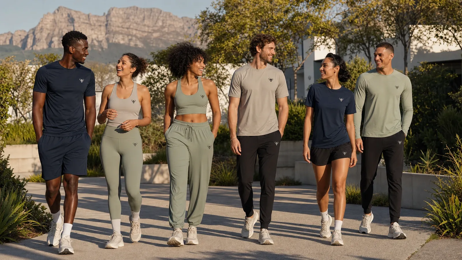 Six adults in varied KALM Move training looks sharing a relaxed movement moment outdoors